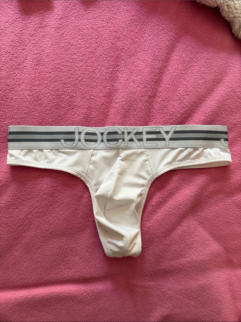 Jockey White Low-Rise Thong with Gray Logo Waistband